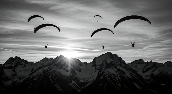 Paragliders soaring over mountain peaks at sunset against dramatic sky