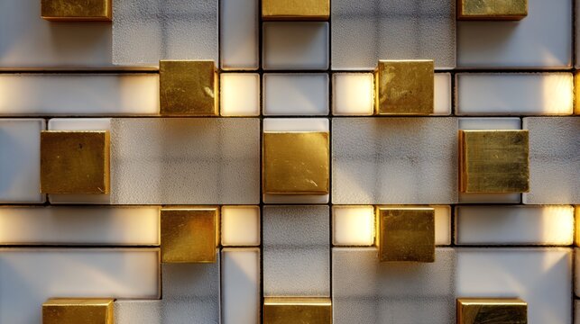 Luxury geometric wall art with gold cubes and white marble tiles. Modern architectural interior design. Elegant textured background.