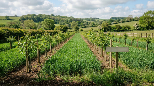 Sustainable agroforestry plot with young trees and crops in rural landscape