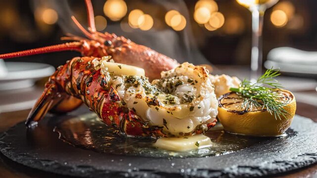 Lobster tail with herbs and lemon on slate, candle-lit ambiance in elegant dining setting