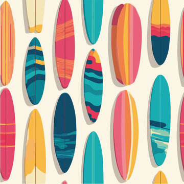 Summer beach seamless pattern, surfboards, colorful summer palette