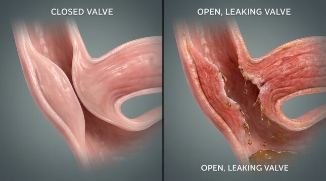 Medical illustration comparing healthy closed esophageal sphincter valve with open leaking valve showing acid reflux and GERD condition in realistic 3D anatomy