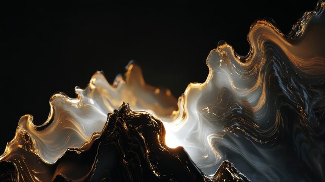 Abstract liquid gold waves on black background, flowing amber glass texture, luxury glowing metallic ripples for elegant design