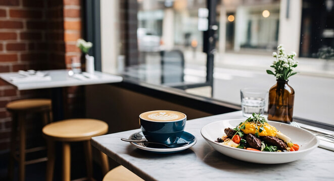 Latte and a plated savory brunch dish served on a marble table by a cafe window