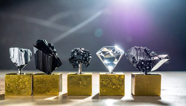 Four distinct forms of carbon allotropes, including diamond and graphite, displayed on gold bases under dramatic lighting