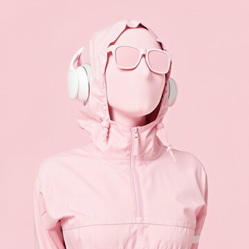 Conceptual surreal portrait of a faceless person in pink outfit with headphones and sunglasses on pink background, minimal future tech dj concept