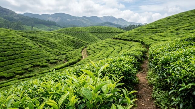 Lush green tea plantations in rolling hills with mountains and a path