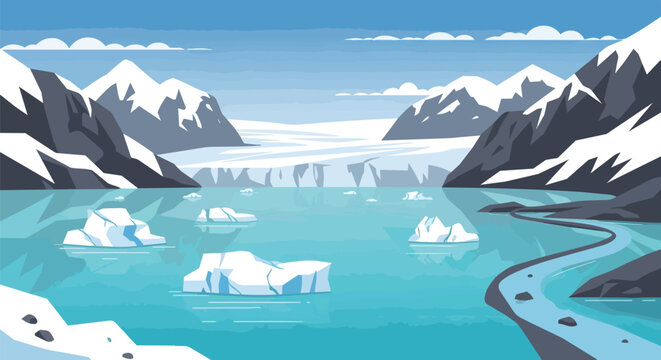 Flat vector illustration of an arctic glacier landscape with icebergs floating in blue water and snow capped mountains