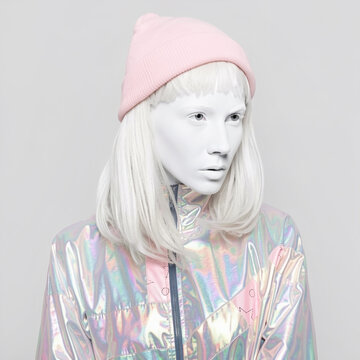 Futuristic woman with white skin and hair wearing holographic jacket and pink beanie, surreal sci-fi portrait