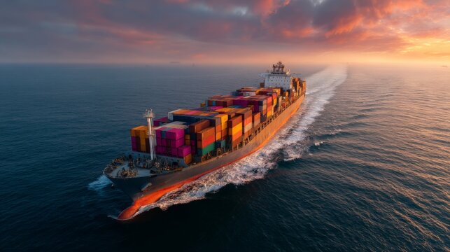 Massive Freight Ship Navigating Calm Ocean Waters at Sunset with Colorful Cargo Containers Stacked High on Deck Amidst Dramatic Cloudscape