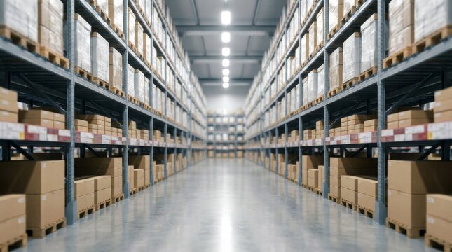 Modern warehouse interior with organized inventory on metal shelving racks and cardboard boxes on wooden pallets in distribution center with bright overhead lighting