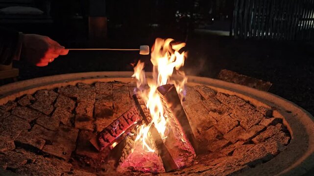 Roasting marshmallows over a campfire in a brick fire pit. outdoor cooking, camping fun, evening gathering.