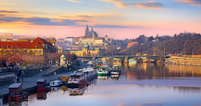 Old town of Prague, Czech Republic over river Vltava with Saint Vitus cathedral on skyline. Bright sunny morning. Praha panorama landscape view.