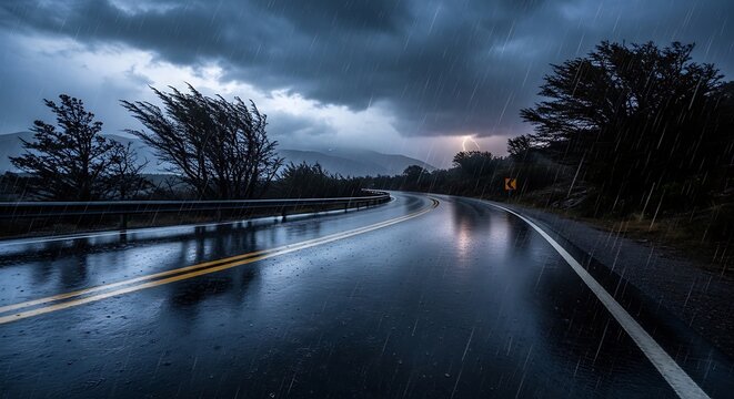 Dramatic rainy roadway under stormy sky with lightning and reflective surface