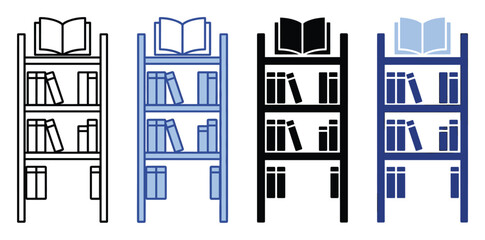 Naklejka premium Simple bookshelf with various books icon set for educational resources and library related applications