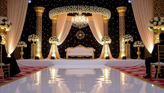 Bangladesh wedding stage decoration with black and gold luxury theme