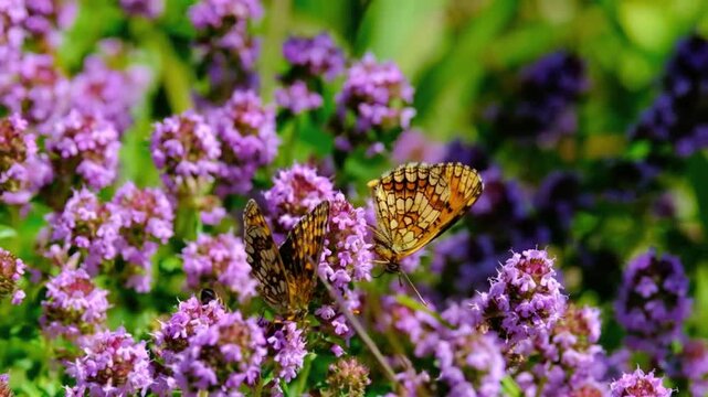 Butterflies and Bees Pollinating Purple Oregano Flowers in 4K Sunlit Summer Garden
