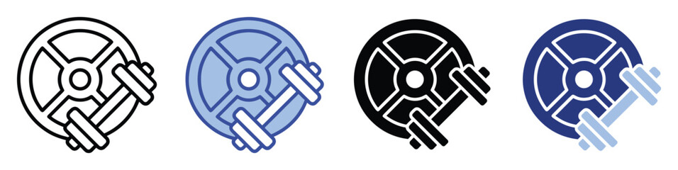 Obraz premium Fitness gym equipment icon set featuring dumbbell and weight plate symbols for workout training applications