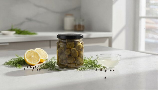Caper berries jar with fresh herbs and lemon