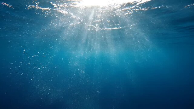 Underwater Sunlight Rays and Bubbles Ascending in Deep Blue Ocean.