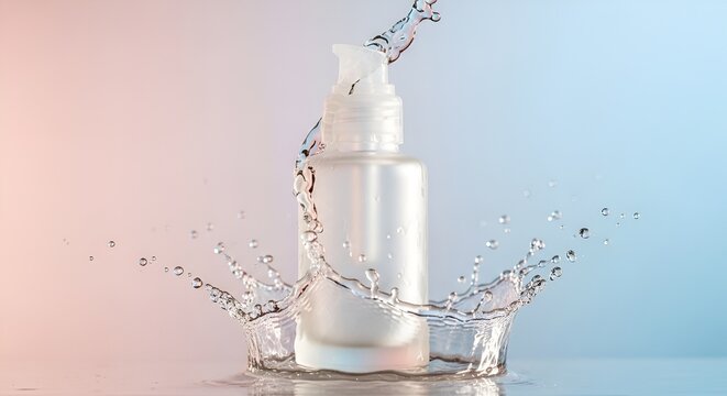 Clear cosmetic pump bottle with water splashing around, isolated on a gradient background