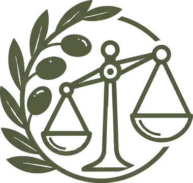 Olive branch, scales of justice, law and peace symbol, green vector icon