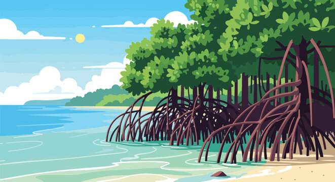 Tropical Mangrove Forest Landscape with Exposed Roots on a Sunny Beach Vector Illustration