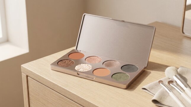 Neutral eyeshadow palette with earth tone shades on minimalist wooden vanity table with natural window light and makeup brushes in modern beauty flatlay composition