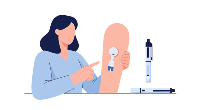 Woman applying insulin sensor patch on arm near injection pen, diabetes management concept