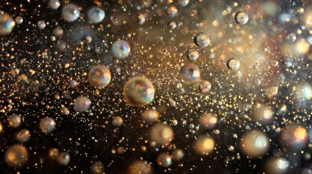 Abstract golden bubbles on black background, shimmering metallic spheres in liquid, luxury champagne effervescence, glowing bokeh particles