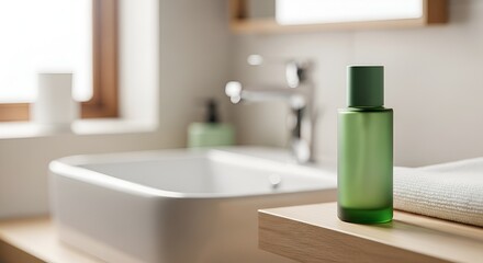 Fototapeta premium Green glass bottle of skincare serum or cosmetic product on a clean bathroom counter near sink