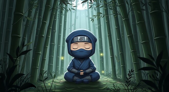 Animated depiction of a meditating ninja in a bamboo forest, with serene moonlight casting down