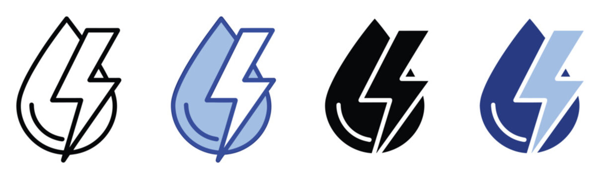Hydropower water drop and lightning bolt icon set representing renewable energy solutions for sustainable power generation applications