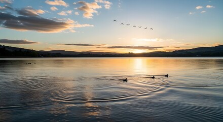 Obraz premium A serene sunset over a calm lake with a flock of birds flying in the distance and ducks swimming in the foreground, creating gentle ripples