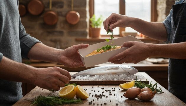 Couple seasoning smoked haddock portions in a cozy kitchen