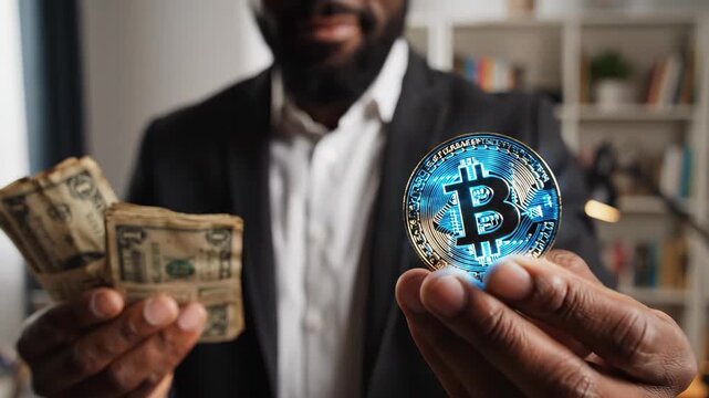 Businessman comparing physical bitcoin to united states dollar banknotes