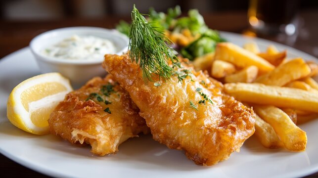 A plate of crispy fish and chips with tartar sauce and lemon on a white plate
