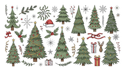 Obraz premium Hand drawn holiday Christmas tree and winter decoration collection for festive seasonal designs