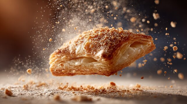 A delicious pastry is suspended in mid-air, surrounded by a cloud of crumbs and sugar.
