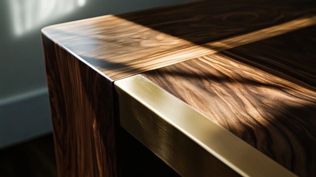 Macro close-up of premium dark walnut wood texture with polished brass inlay, luxury interior design and artisanal craftsmanship concept still life