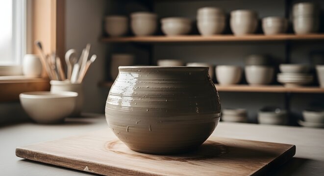 Freshly thrown clay pot on a wooden board in a pottery workshop with ceramic vessels on shelves in the background