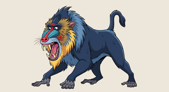 Angry Mandrill Baboon Cartoon Illustration with Big Teeth