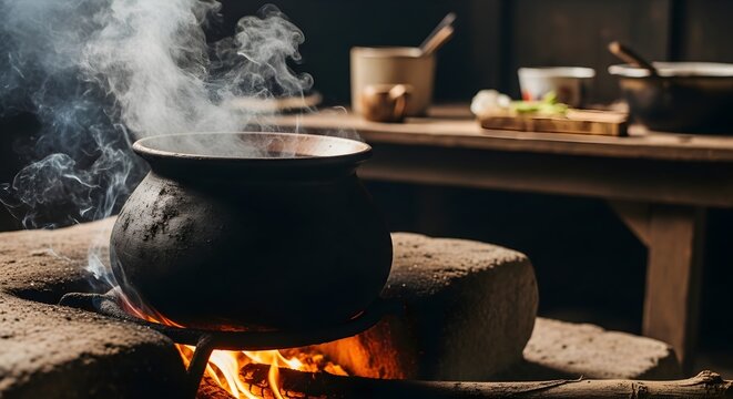 Rustic clay pot cooking over open wood fire with rising steam in traditional kitchen setting