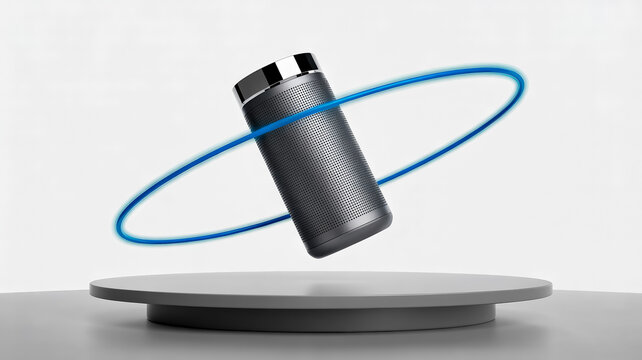 Minimalist Wireless Bluetooth Speaker Floating Above a Gray Circular Podium