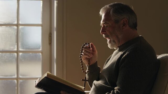 Mature man in quiet prayer, holding a wooden cross rosary and whispering words from the Bible by a sunlit window