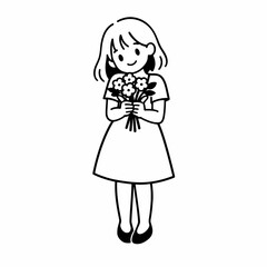 Fototapeta premium A charming hand-drawn illustration of a cheerful young girl holding a small bouquet of flowers, depicted in a simple black and white line art style