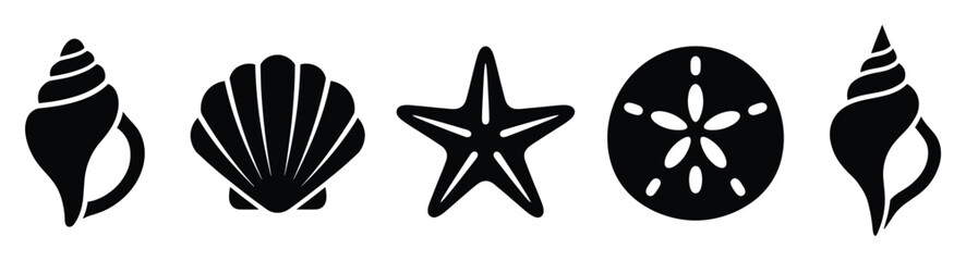 Obraz premium Stylized black seashells starfish and sand dollar icons for beach vacation designs and sea life symbols