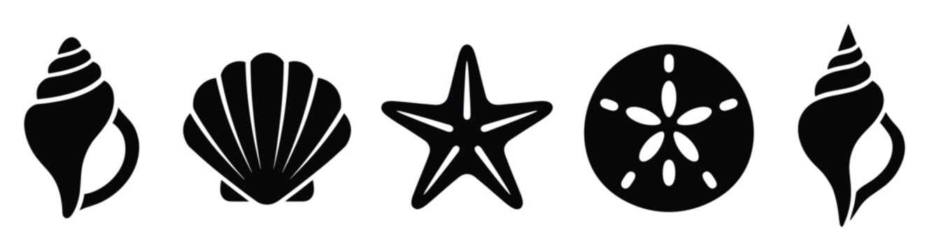 Stylized black seashells starfish and sand dollar icons for beach vacation designs and sea life symbols