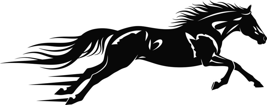 Black silhouette of a galloping horse with stylized mane and tail white