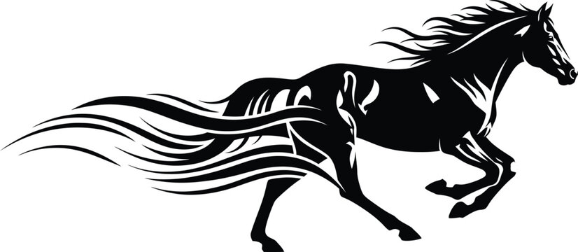 Black silhouette of a galloping horse with flowing stylized mane and tail white